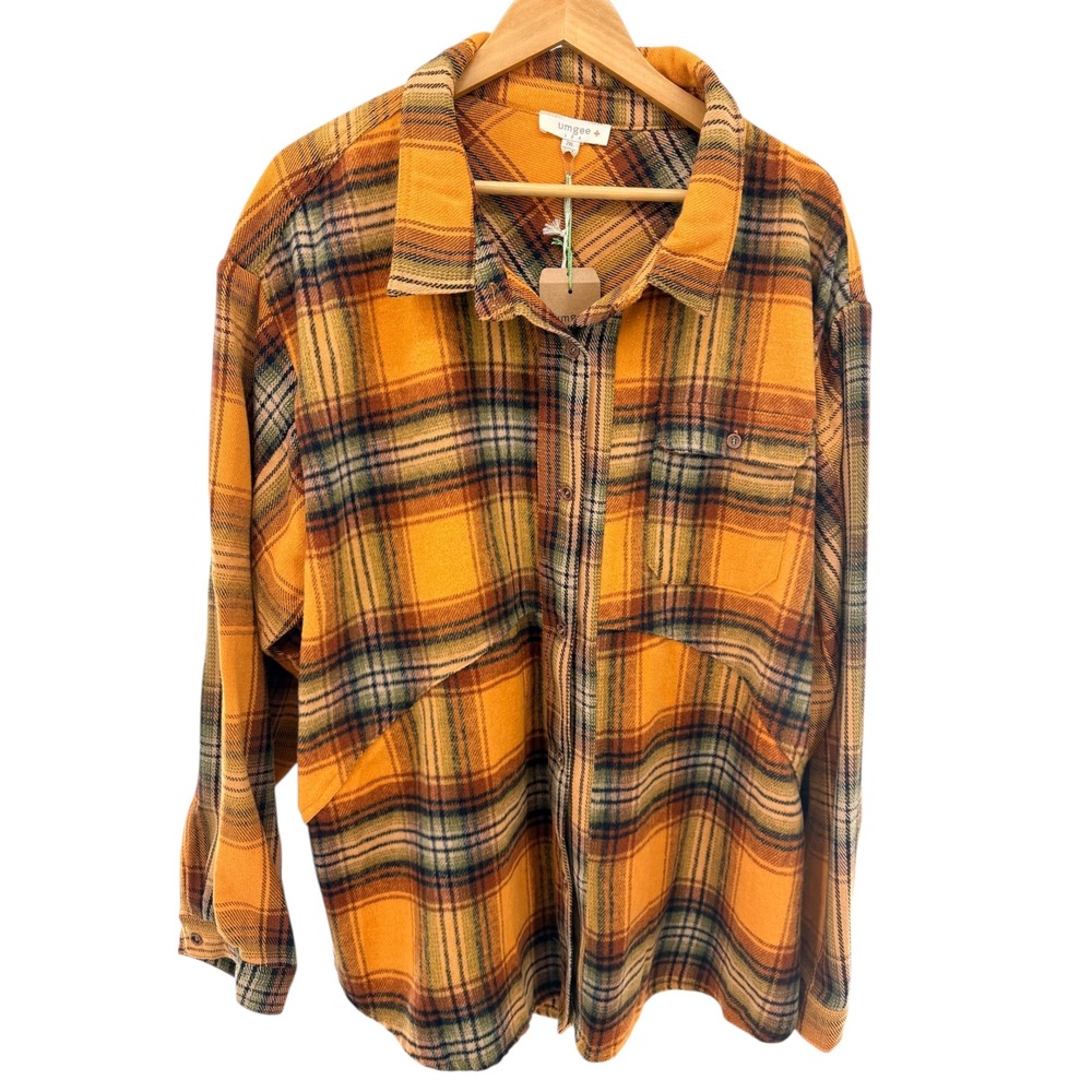Umgee Plus 2X Mustard Orange Plaid Oversized Shacket Flannel Button Top NWT - Picture 6 of 8